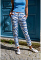 Kadın Mavi-Beyaz Çift Cepli Bulut Desenli Kalem Pantolon GK-ART3000