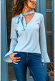 Womens Blue Neck Belted Crepe Blouse BST2150