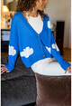 Womens Blue Cloud Patterned Buttoned Loose Cardigan GK-DM1352