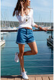 Womens Blue Double Leg Loose Denim Shorts GK-CM209