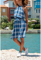 Kadın Mavi Halter Yaka Kendinden Kemerli Elbise GK-BST2897