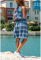 Kadın Mavi Halter Yaka Kendinden Kemerli Elbise GK-BST2897