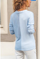 Kadın Mavi Kendinden Desenli Bloklu V Yaka Bluz GK-BST2937