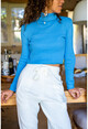 Womens Blue Self-Textured Half Fisherman Crop Sweater GK-DM1354