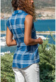 Womens Blue Sleeveless Square Pattern Special Textured Shirt GK-BST2878K