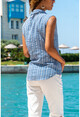 Womens Blue Sleeveless Special Textured Striped Shirt GK-BST2878C