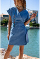 Kadın Mavi Kruvaze Kemerli Kot Elbise CM223