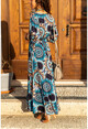 Kadın Mavi Mandala Desen Kruvaze Uzun Kiloş Elbise GK-TD401