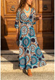 Kadın Mavi Mandala Desen Kruvaze Uzun Kiloş Elbise GK-TD401