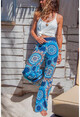 Kadın Mavi Mandala Desen Salaş Pantolon GK-TDMN1
