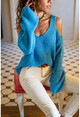 Womens Blue Shoulder Decollete Soft Textured Sweater GK-CCK76050