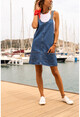 Kadın Mavi Şerit Detaylı Cepli Bol Kesim Kot Elbise GK-CM1102