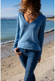 Womens Blue V-Neck Slim Knitted Basic Sweater GK-JR225