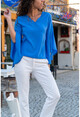 Womens Blue V Neck Spanish Sleeve Crepe Blouse BST2074-1