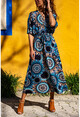 Womens Blue V-Neck Mandala Pattern Waist Pleated Loose Dress GK-TD411