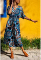 Kadın Mavi V Yaka Mandala Desen Beli Büzgülü Salaş Elbise GK-TD411