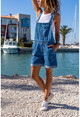 Womens Blue Side Buttoned Pockets Double Leg Denim Shorts Salopet GK-CM1101