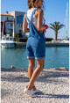 Womens Blue Side Buttoned Pockets Double Leg Denim Shorts Salopet GK-CM1101