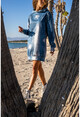 Kadın Mavi Yıkama Baskılı Kapüşonlu Salaş Elbise GK-CCK20747