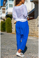 Kadın Mavi Yıkamalı Keten Beli Lastikli Salaş Şalvar Pantolon GK-RSD2027