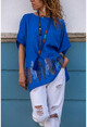 Kadın Mavi Yıkamalı Keten Eteği Tüy Baskılı Salaş Bluz GK-RSD2035