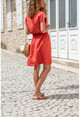 Kadın Mercan Beli Büzgülü Yakası Yırtmaçlı Keten Elbise GK-BST2874