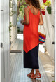 Womens Coral-Navy Asymmetrical Blocky Slit Strap Long Dress GK-BST2898