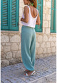 Kadın Mint Yıkamalı Keten Cebi Nakışlı Paçası Beli Lastikli Pantolon RSD2068