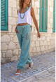 Kadın Mint Yıkamalı Keten Cebi Nakışlı Paçası Beli Lastikli Pantolon RSD2068