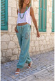 Womens Mint Washed Linen Pocket Embroidered Elastic Waist Trousers RSD2068