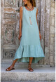 Kadın Mint Yıkamalı Keten Eteği Volanlı Kolsuz Salaş Elbise RSD2069