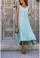 Womens Mint Washed Linen Skirt Flounce Sleeveless Loose Dress RSD2069