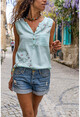 Kadın Mint Yıkamalı Keten Nakışlı Cepli Yarım Pat Kolsuz Bluz GK-RSD2042