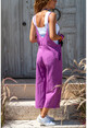 Womens Purple Strap Pocket Linen Jumpsuit GG306