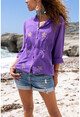 Womens Purple Washed Linen Mesh Star Sequin Hooded Blouse GK-RSD2046