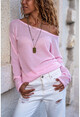 Womens Pink Boat Neck Loose Openwork Slim Knitted Blouse GK-BST2977