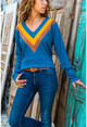 Womens Petrol V-Neck Suede Garnished Sweater GK-BST2815