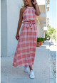 Womens Powder Halter Neck Long Dress With Belt GK-BST2896