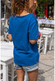 Kadın Saks Yıkamalı Fileli Yıldız Baskılı Salaş T-Shirt GK-RSD2031
