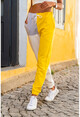 Kadın Sarı-Beyaz Paçası Lastikli Yüksek Bel Color Block Eşofman Altı GK-CCK60009