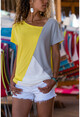 Womens Yellow Color Block Loose T-Shirt GK-JR402