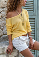 Womens Yellow Boat Neck Loose Openwork Slim Knitted Blouse GK-BST2977