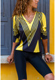 Kadın Sarı-Siyah V Yaka Verev Çizgili Bluz GK-CCK60010