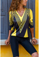 Womens Yellow-Black V-Neck Oblique Striped Blouse GK-CCK60010