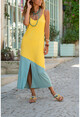 Kadın Sarı-Yeşil Asimetrik Bloklu Yırtmaçlı Askılı Uzun Elbise GK-BST2898