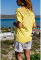 Kadın Sarı Yıkamalı Eteği Ve Omzu Fileli Yumuşak Dokulu Salaş T-Shirt GK-RSD2063