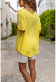 Kadın Sarı Yıkamalı Keten Lale Baskılı Düğme Detaylı Salaş Bluz GK-RSD2060