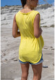 Kadın Sarı Yıkamalı Keten Nakışlı Cepli Yarım Pat Kolsuz Bluz GK-RSD2042