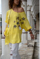 Womens Yellow Washed Linen Star Sequin Asymmetric Cut Loose Blouse GK-RSD2022