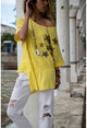 Kadın Sarı Yıkamalı Keten Yıldız Pullu Asimetrik Kesim Salaş Bluz GK-RSD2022
